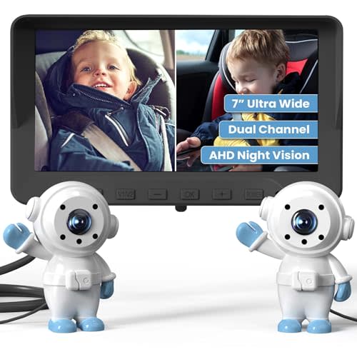 GROWNSY Baby Car Camera for 2 Kids, 7 in Ultrawide AHD Car Baby Monitor with 2 Camera, Backseat Mirror Rear Facing with Infrared Night Vision, Easily Observe Baby's Every Move