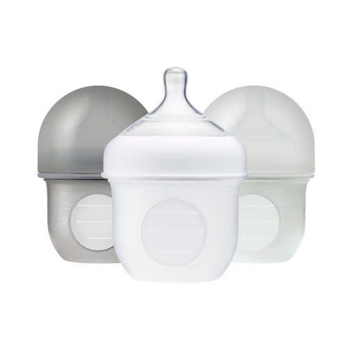Boon Nursh Reusable Silicone Pouch Baby Bottle, Air-Free Feeding, Gray Multi Pack, 4 Oz, 3 Pk