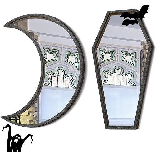 Marsui 2 Pieces Tiny Coffin Moon Mirror Cute Goth Room Decor Spooky Gothic Decorative Mirror Rustic Black Wall Decor Wall-Mounted for Halloween Indoor Decoration,6 Inches