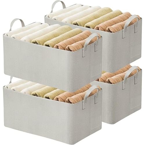 4 Pcs Closet Clothes Organizer with Handle, Fabric Storage Box(B 4 White)