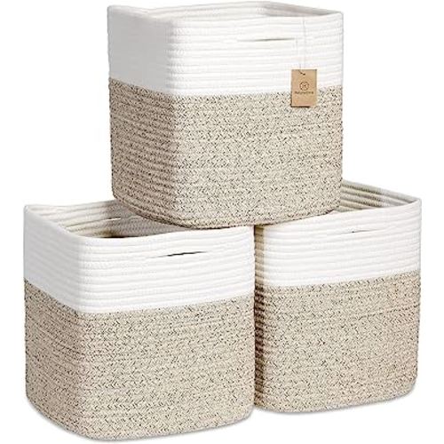 NaturalCozy Storage Cubes 11 Inch Cotton Rope Woven Baskets for Organizing 3-Pack | Cube Storage Bin, Square Storage Baskets for Shelves Organizer, Classroom Kids Toy Bins, Closet, Baby Nursery