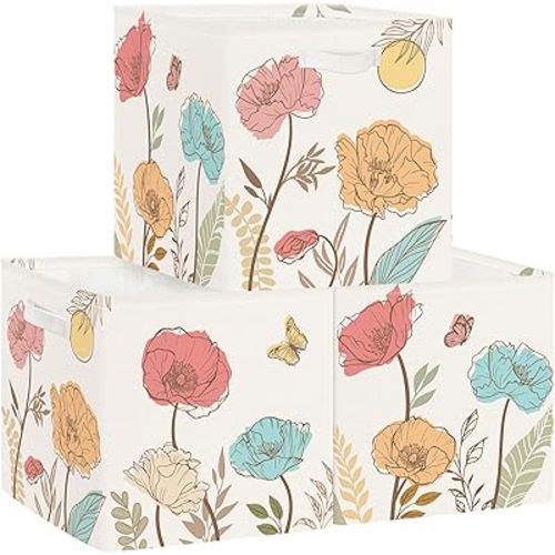 11.8" Wild Flower Storage Cube Organizer Set 3Pcs Clothes Storage Basket Bin for Closet Shelf Garden Butterfly Nursery Kid Room Book Toy Chest, Boho Leaf