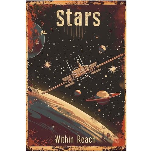 Astronauts Tin Signs, Outer Space Metal Arts, Stars within Reach, Universe Space Poster Planet Positive Wall Decor Plaque for Boys Kids Nursery, Game room 8 X 12 Inches
