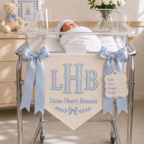 Embroidered Baby Banner, Monogram Hospital Sign, Birth Stats Tag, Baby Boy Nursery Decor