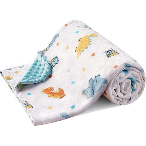 DaysU Silky Micro Soft Plush Baby Blankets for Boys with Print Animal Pattern and Soothing Raised Dots, Double Layer Bed Throws for Baby Crib, Dinosaur, Aqua Blue, 30x40 Inches
