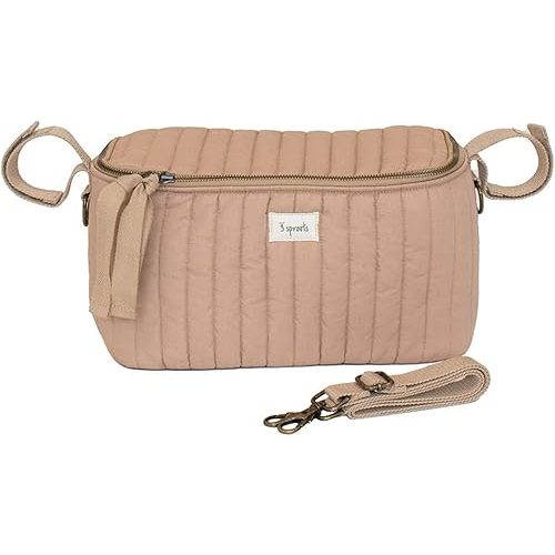 3 Sprouts Universal Quilted Stroller Organizer with Cup Holder and Zip Top - Durable Stroller Caddy Accessory with Storage - Shoulder Strap Converts Organizer to Small Diaper Bag - Clay