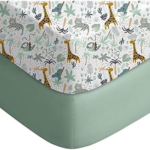 Yoofoss Pack and Play Sheets Fitted, Mini Crib Sheets 2-Pack for Pack N Play Mattress, Stretchy Playard Sheet, Soft and Breathable Green+Giraff