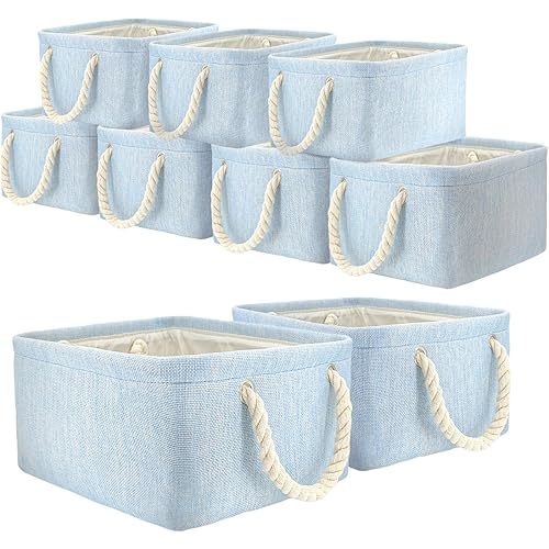 9 Pack Storage Basket Bins & Decorative Baskets Fabric Storage Cubes Containers Bulk W/Handles for Office, Home, Books, Clothes, Bedroom, Closet (light blue)
