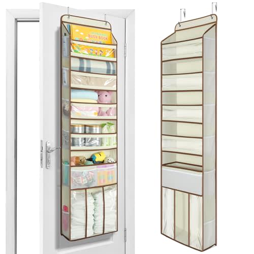 Yecaye 6-Tier Over the Door Organizer with Detachable Bin, Door Hanging Organizer with Clear Windows, Over the Door Storage for Bedroom Closet Nursery Bathroom Pantry Baby Essentials, Beige