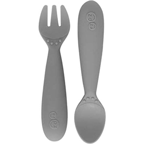 ezpz Mini Utensils - 12 Months+ (Fork & Spoon in Gray) - 100% BPA Free Fork and Spoon - Toddler Utensils - Designed by a Pediatric Feeding Specialist
