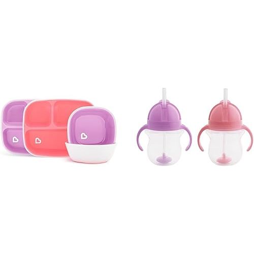 Munchkin® Splash™ 4 Piece Toddler Divided Plate and Bowl Dining Set, Pink/Purple & Any Angle™ Weighted Straw Trainer Cup with Click Lock™ Lid, 7 Ounce, 2 Pack, Pink/Purple