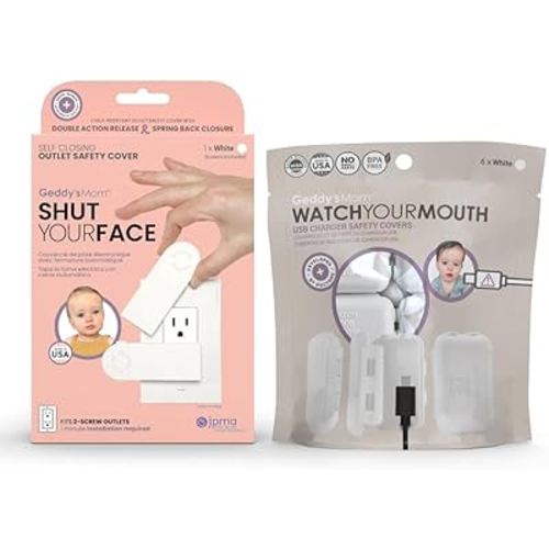 Baby Proofing for Electrical Safety for 2-SCREW Outlets and USB Chargers - Bundle includes SHUT YOUR FACE Self Closing Outlet Cover and Watch Your Mouth USB Charger Covers (set of 3) in WHITE | Baby