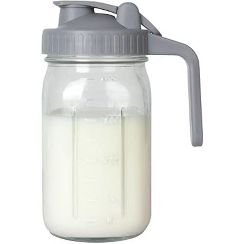 Breast Milk Pitcher, Mason Jar 32 oz, Heavy Duty Wide Mouth Jar with Flip Cap Lid and Pour Spout - Airtight Seal for Freshness and Convenience - Great for Cold Beverages, and Home Entertaining