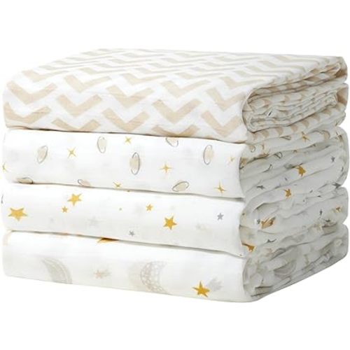 Momcozy Muslin Swaddle Blanket, 4 Pack Ultra Soft Neutral Swaddle Blankets, Breathable Large 47'' x 47'' Baby Infant Newborn Essentials, Boys Girls Receiving Blanket, Beige Star