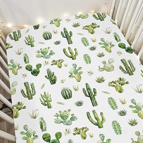 Watercolor Cactus Baby Crib Sheets for Boy Girl 52"x28" Green Cactus Leaves Soft Snug Fitted Crib Mattress Cover Wild West Desert Plant Baby Sheet for Standard Crib and Toddler Bed Mattress