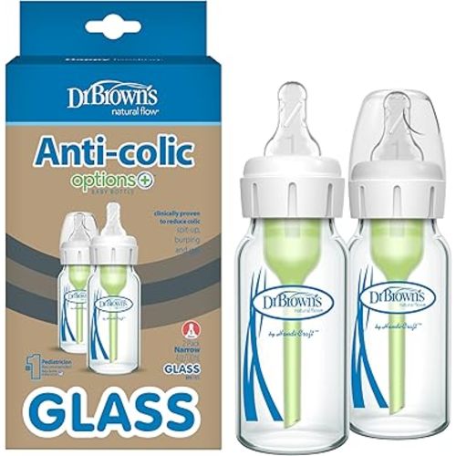 Dr. Brown's Natural Flow Anti-Colic Options+ Narrow Glass Baby Bottle 4 oz/120 mL, with Level 1 Slow Flow Nipple, 2 Pack, 0m+