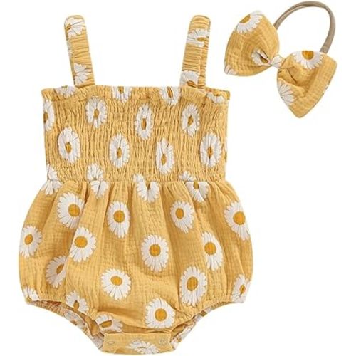 Hoanselay Baby Girl Summer Clothes Daisy Sleeveless Smocked Bubble Romper Cotton Linen Bodysuit Jumpsuit Newborn Girl Outfit