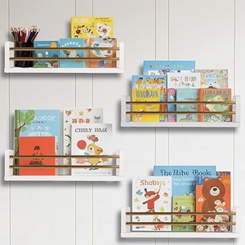Floating Nursery Book Shelves for Wall Set of 4, White Wall Bookshelf for Nursery Kids Room, Small Wood Book Shelf Wall Mounted for Baby Teen Boys Girls Bedoom Bathroom Toy and Decor Storage (Gold)