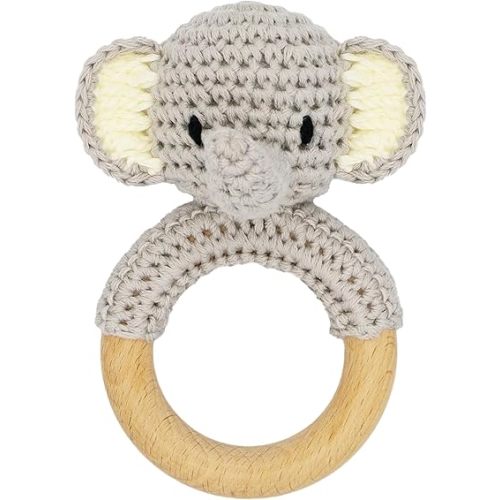 Safari Animals Wooden Baby Rattle Toys Stuffed Crochet Rattle with Teether Ring for Newborn, Gray Elephant