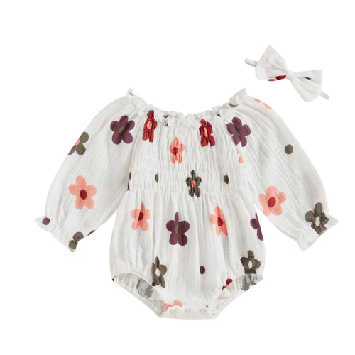 FLOWERS Smocked Romper with Headband - Hazel & Bo