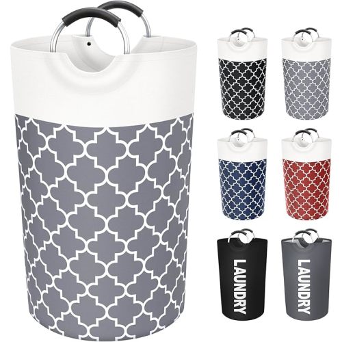 Large Laundry Basket Laundry Hamper Bag Washing Bin Clothes Bag Collapsible Tall with Handles Waterproof Travel Bathroom College Essentials Storage for College Dorm, Family (Grey) 82L
