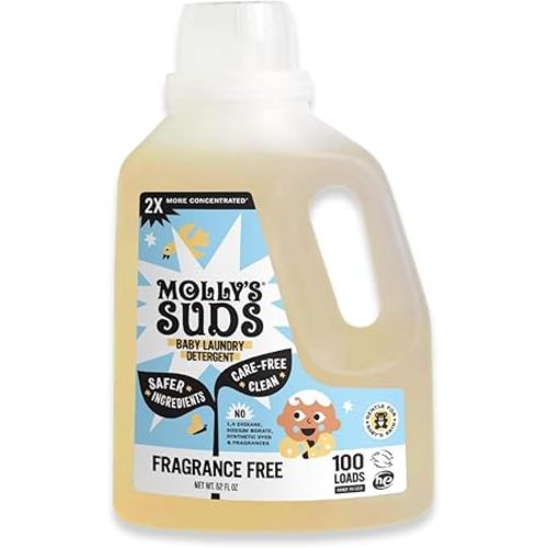 Molly's Suds Baby Liquid Laundry Detergent | Removes Formula, Poop & Spit-Up Stains | Extra Gentle for Infants, Babies, Toddlers (Fragrance Free, 100 Loads)