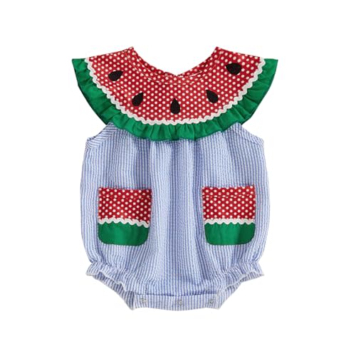 Baby Girl Watermelon Romper Sleeveless Ruffle Smocked Bubble Bodysuit with Pockets Cute One Piece Summer Outfits