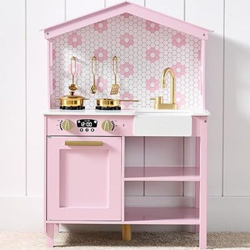 Best Choice Products Pretend Play Wooden Farmhouse Kitchen Set for Kids w/ Toy Storage, Clicking Knobs, Windows, 5 Accessories Included - Rose