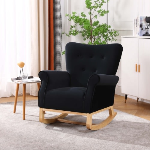 High Back Rocking Chair, Velvet Accent Chair for Nursery, Upholstered Nursery Chair, Glider Rocking Armchair with Padded Cushion, Wingback Sofa Chair for Living Room Bedroom Home Office, Black