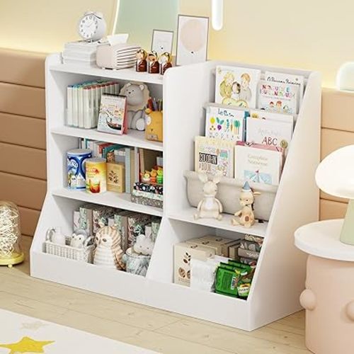 39" Large Wooden Kids Bookshelf and Toy Storage Organizer, Baby Bookcase with Sling Book Rack, Children Toddler Wooden Book Shelf for Kids Rooms, Playroom, Classroom, Nursery, School (White)