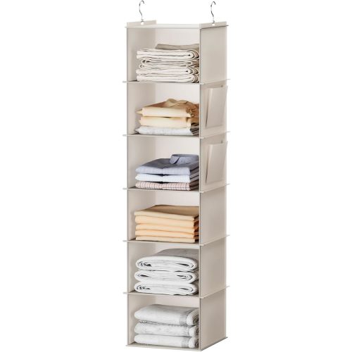 YOUDENOVA Hanging Closet Organizer, 6-Shelf Closet Hanging Storage with Side Pockets, Beige