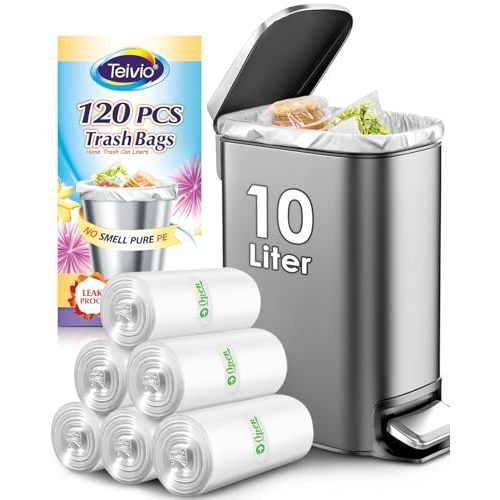 2.6 Gallon 120 Counts Strong Trash Bags Garbage Bags by Teivio, Bathroom Trash Can Bin Liners, Small Plastic Bags for home office kitchen, Clear