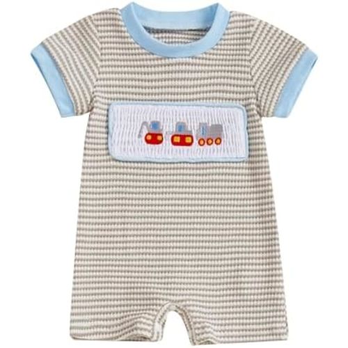 Newborn Boy Football Romper Infant Baby Waffle Knit Summer Clothes Embroidery Excavator Short Sleeve Stripe Jumpsuit