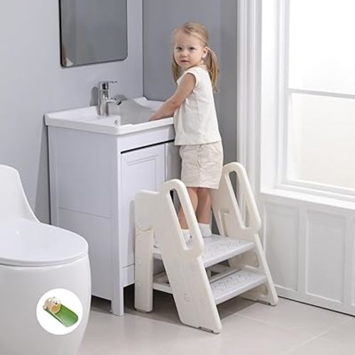 Foldable Step Stool for Kids Adjustable 3 to 2 Stool for Bathroom Sink Toddler Toilet Potty Training Stool Baby Kitchen Stool Children Step Ladder with Non-Slip Pads, Grey