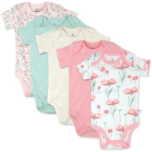 HonestBaby baby-girls 5-pack Short Sleeve Bodysuits One-piece 100% Organic Cotton for Infant Baby Girls