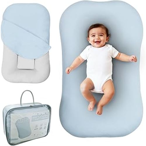 Aila + Aiden Baby Lounger | Organic Cotton Infant Lounger | Adjustable & Portable Floor Lounger | Supervised Use | Soft, Breathable, Washable Cover - Snuggle Collection - (Blue)