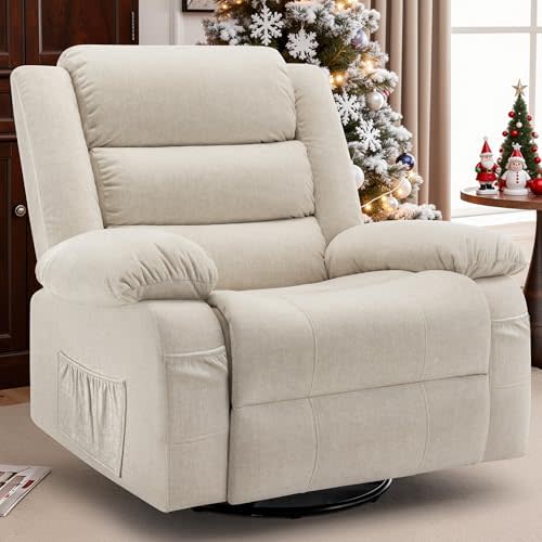 Korser Recliner Chair, Wide Rocker Chair, Rocking Chair with Massage and Heat,360°Swivel Nursery Rocking Chairs, Oversized Recliner for Adults, Cashmere Reclining Sofa for Living Room, Beige