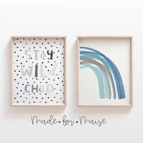 Set of 2, Rainbow, Stay Wild Child, Modern Blue Muted Pastel Shades, Rainbow Print Set, Boy Bedroom Decor, Rainbow Decor, Nursery, Toddler