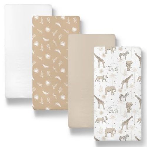 The Peanutshell Caramel Safari Organic Cotton Jersey 4 Pack Bassinet Sheets
