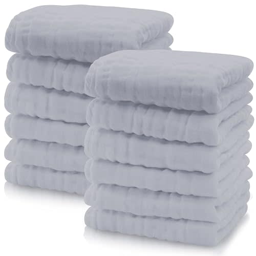 Cute Castle 12 Pack Muslin Baby Washcloths - Large 12'' by 12'' - Ultra Soft 100% Cotton - Super Absorbent Burp Cloths for Unisex, Boy, Girl -Slate