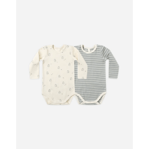 Ribbed Bodysuit, 2 Pack || Steel Blue Micro Stripe, Owls – Quincy Mae