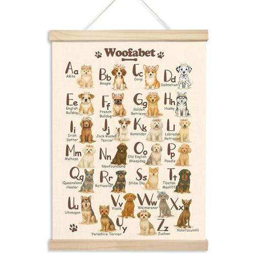 Xmsaitar Classroom Dog Alphabet Poster Hanger Frame Wall Decor, Nursery Cute Woofabet Prints for Wall Hanging Decor Art, Rustic floral Puppy Pictures Banner for Toddler Room Dorm Playroom 12x16in