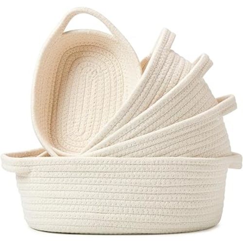 EZOWare Set of 5 Small Cotton Rope Storage Basket, Decorative Nesting Woven Round Organizer Bin with Handle for Kids Baby Closets, Gift Basket - Natural White