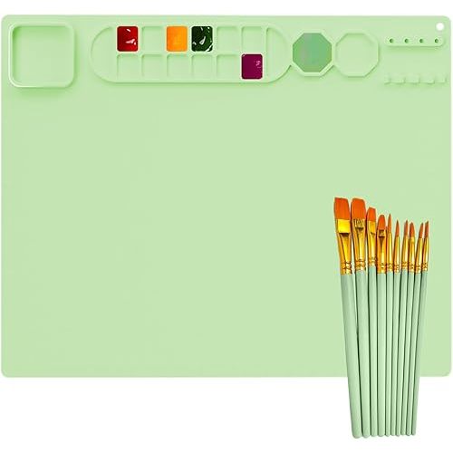 Art Mat Supplies Portable Silicone Paint Art Mat with 10 Paint Brushes, 20"X16" Silicone Painting Mat Crafts Large Silicone Artist Mat Green