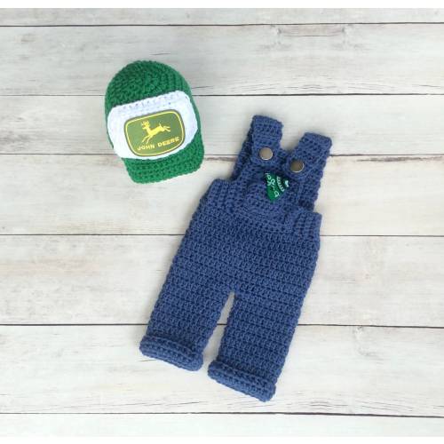 Crochet John Deere Farmer Overalls Newborn Photography Prop/Baby Shower Gift/Infant Halloween Costume/Photo Prop/Big Green Tractor/Farmer