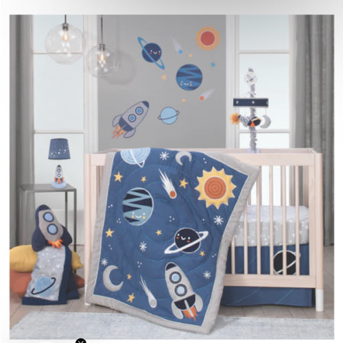 Milky Way Blue/Gray Space Galaxy 4-Piece Nursery Baby Crib Bedding Set – Lambs & Ivy