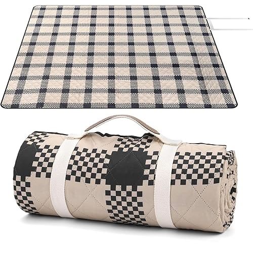 Oversize Picnic Blankets with Foldable, Waterproof & Sand Proof Blanket Made of PEVA for Camping,Park, Beach,Grass,Outdoor,Portable mat (Brown-Plaid, 60"x80")