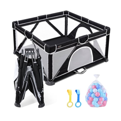 ANGELBLISS Baby Playpen, Foldable Playpen for Babies and Toddlers, Indoor & Outdoor Baby Activity Center with Visible Breathable Mesh, Portable Play Yard with 2 Handlers+50 Balls-50”×50”(Black)