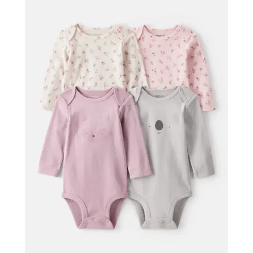 Baby Girl 4-Pack Koala Print Cotton Long-Sleeve Multipack Bodysuits