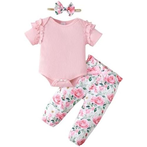 Baby Girl Clothes Infant Girl Ruffle Ribbed Romper Floral Pants Set Cute Newborn Girl Clothes